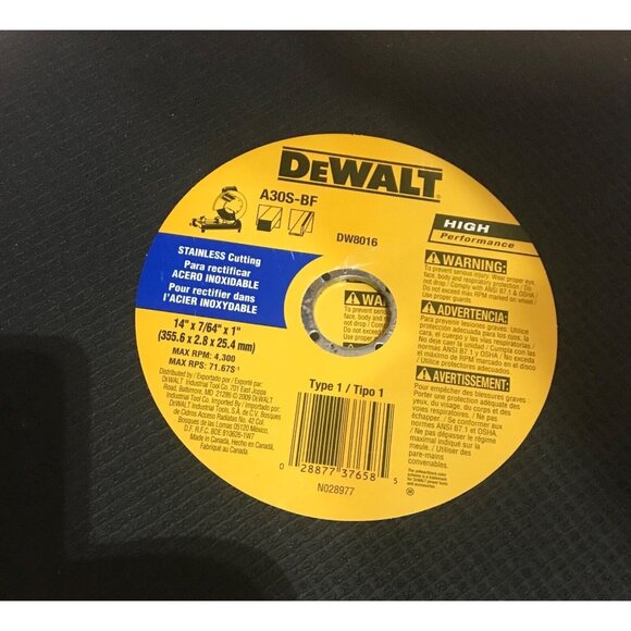 DeWalt Stainless Cutting Wheels Set of 5 DW8016 14" x 7/64" x 1" - Picture 2 of 2